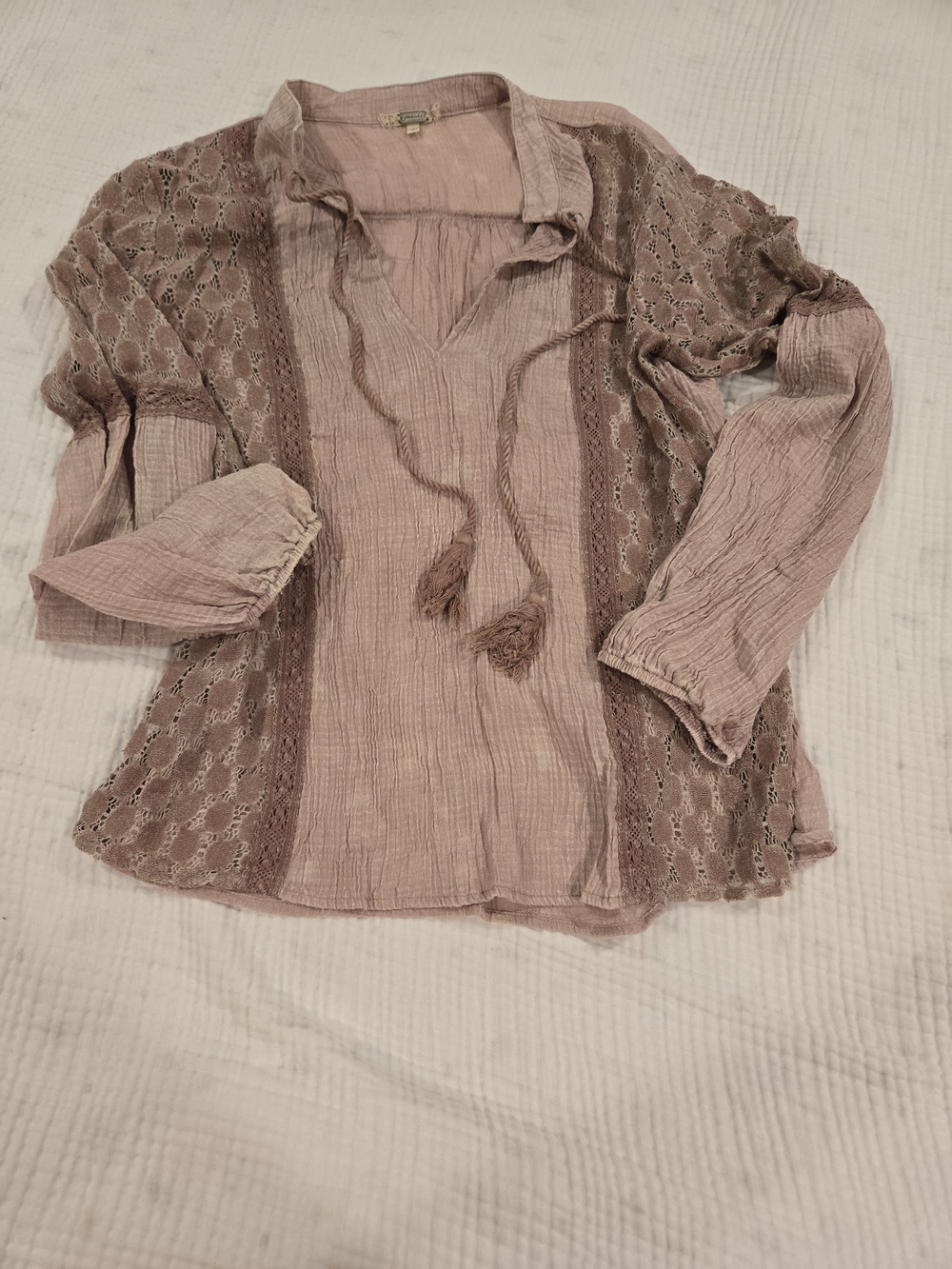 Light Mauve Lace-Trim Boho Blouse with Tassel Tie